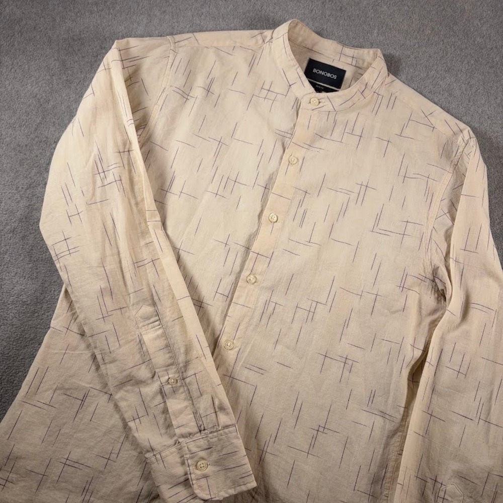 Bonobos Button Down Mens M Beige Abstract Crosshatch Slim Fit Banded Collar Top